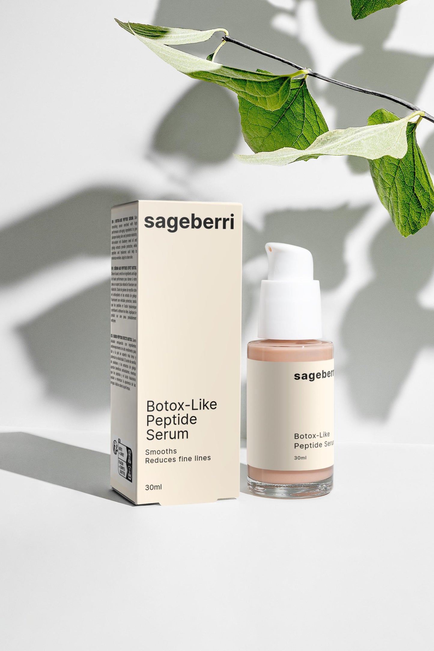 Sageberri Botox-Like Peptide Serum with packaging on a light background