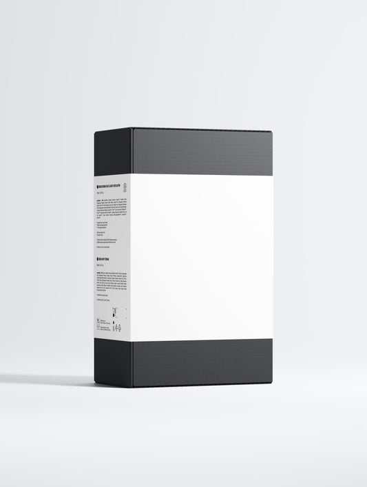 Black and white product packaging box on a light gray background