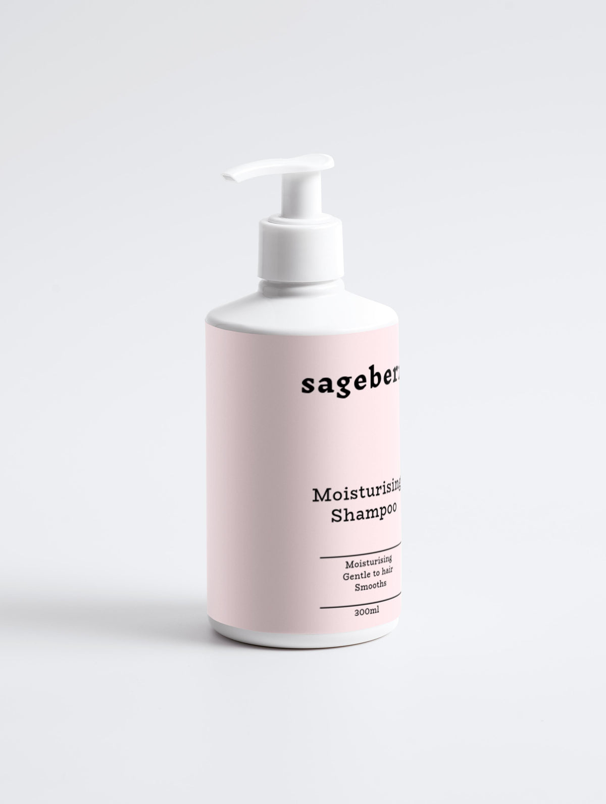 A white pump bottle of Sageberri Moisturising Shampoo, 300ml, with a pink label listing moisturising, gentle to hair and smooths, against a pale grey background.