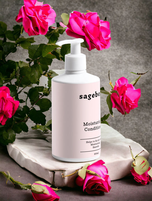 A bottle of Sageberri Moisturising Conditioner with a pump dispenser, surrounded by pink roses and green plant leaves.
