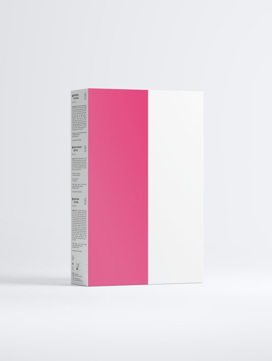 Product packaging with a pink and white design on a white background