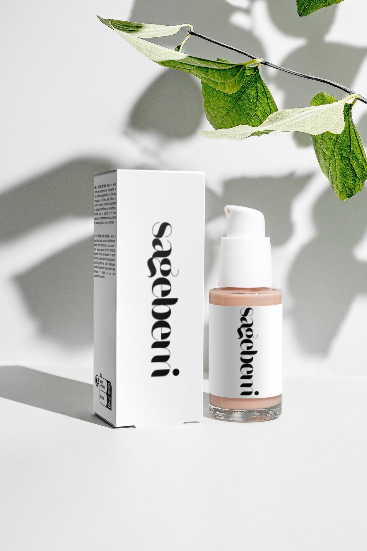 Sageberri skincare product and packaging on a light background with leaves.