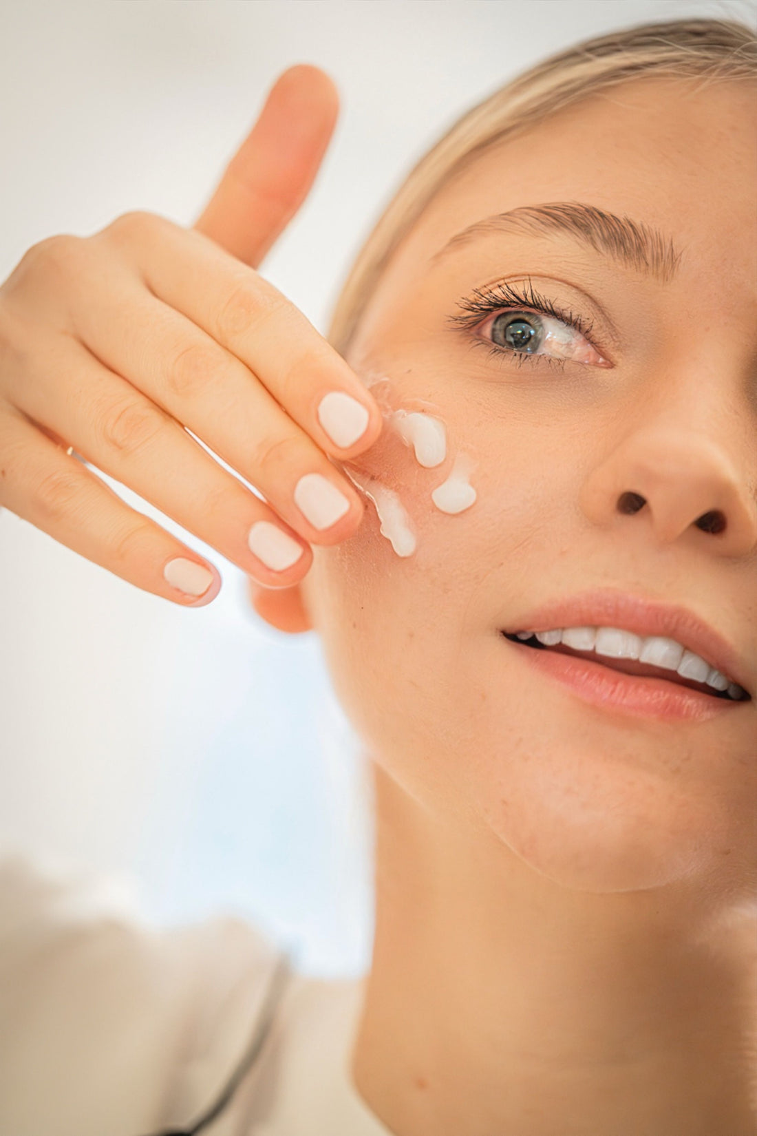 A portrait of a young woman applying three spots of moisturiser to right hand side of a face.