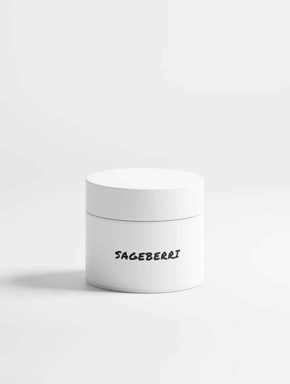 A white cylindrical cosmetic jar with a matching lid, featuring the brand name 'SAGEBERRI' printed in black handwritten-style text on the front, set against a clean white background.