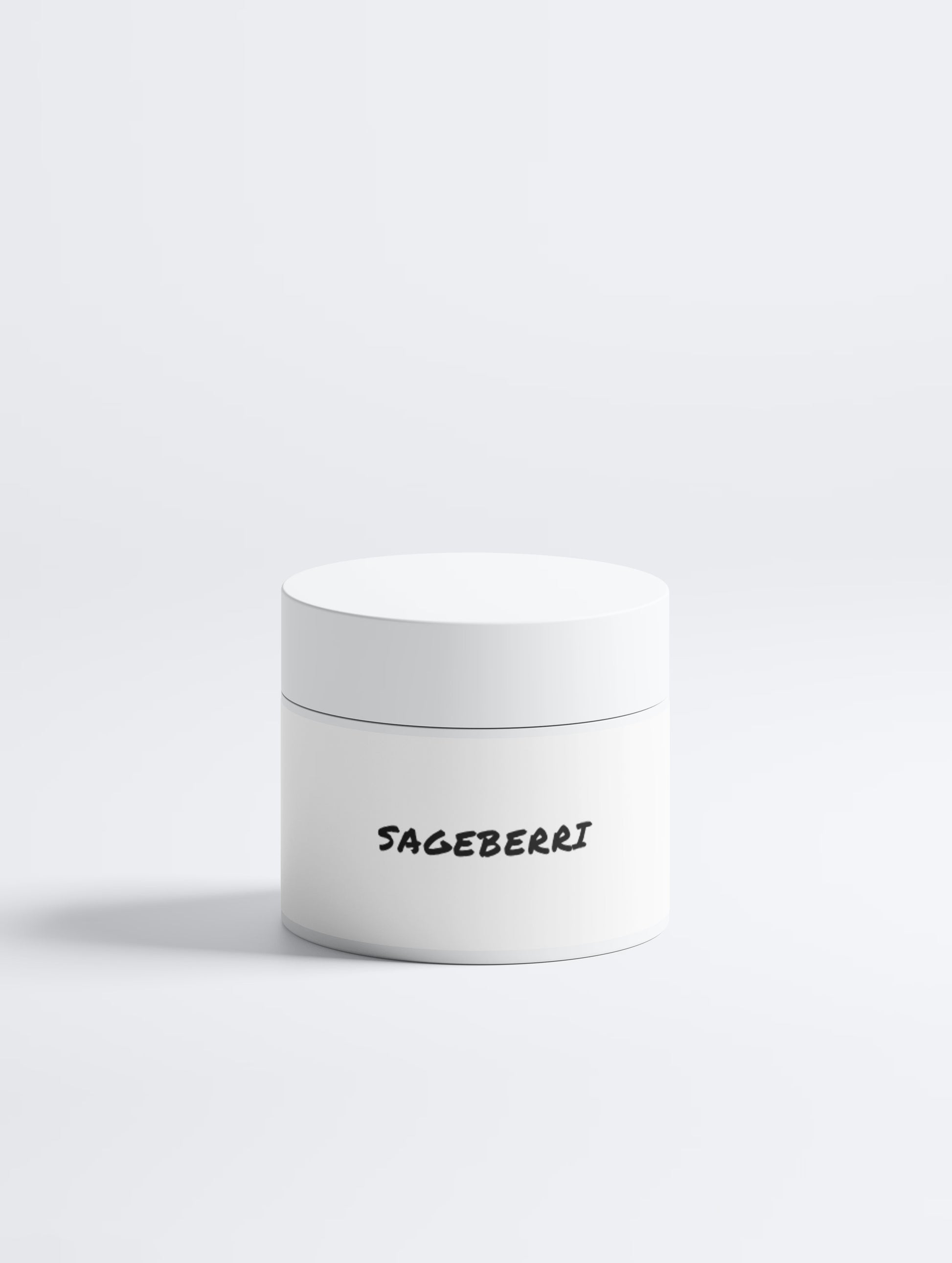 A white cylindrical cosmetic jar with a matching lid, featuring the brand name 'SAGEBERRI' printed in black handwritten-style text on the front, set against a clean white background.