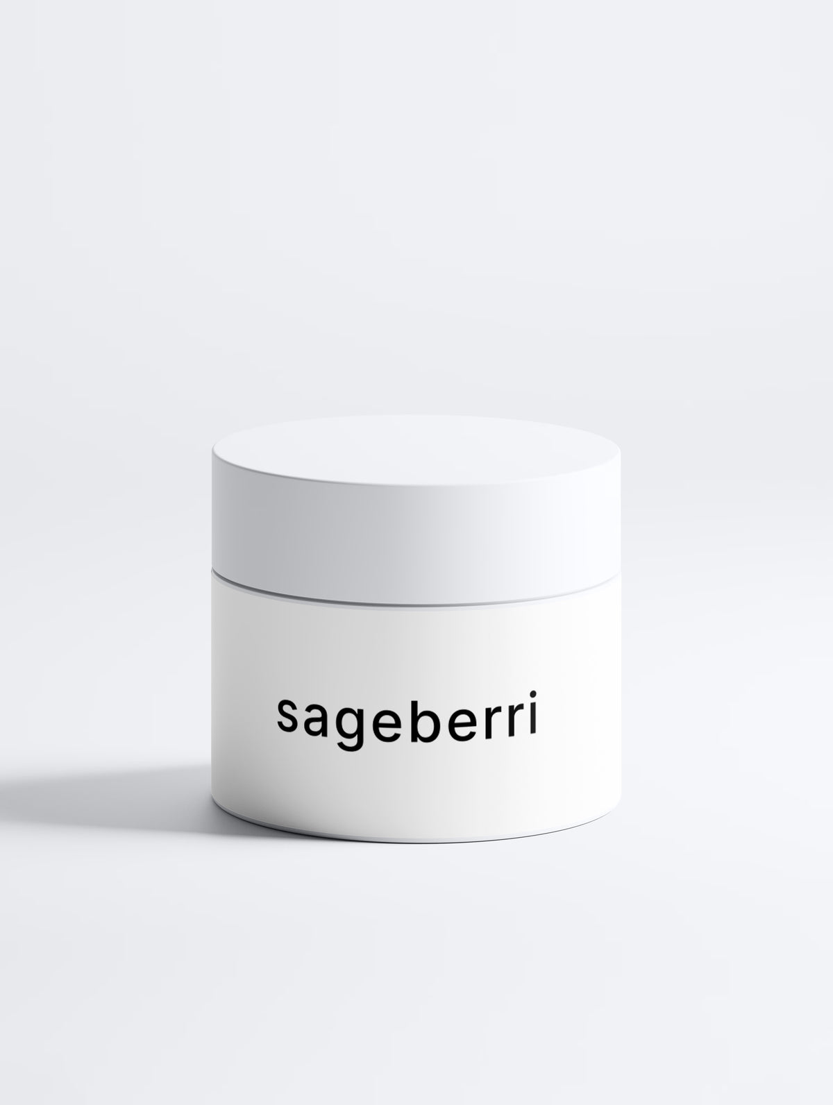 A minimalist white cosmetic jar with a matte screw-top lid, labelled “sageberri” in clean black lowercase lettering, set against a soft, pale grey studio background.