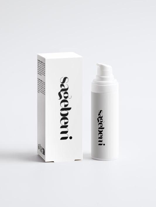 White skincare product and packaging with 'seebeni' branding on a light gray background