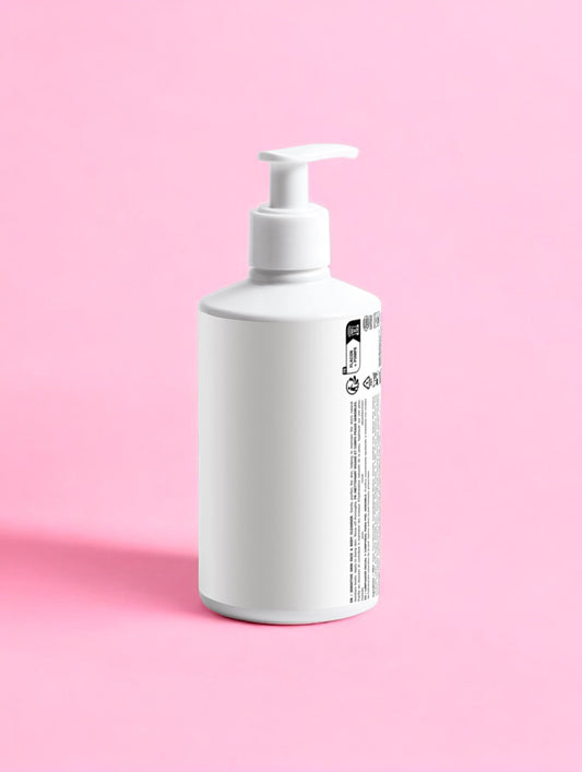 A white pump bottle on a pink background