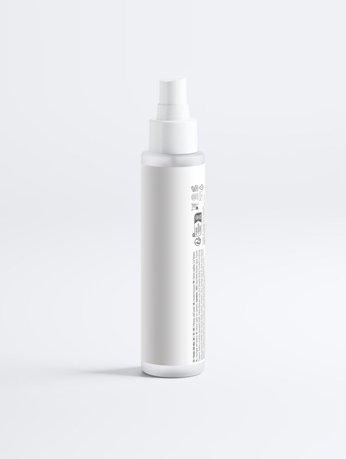 A plain white spray bottle with a white pump dispenser, shown from a side angle on a seamless light gray background.