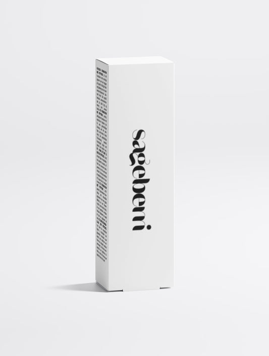 A tall, slender white product box with the brand name 'saeberri' printed vertically in black gothic-style lettering on the front, photographed on a clean light gray background.