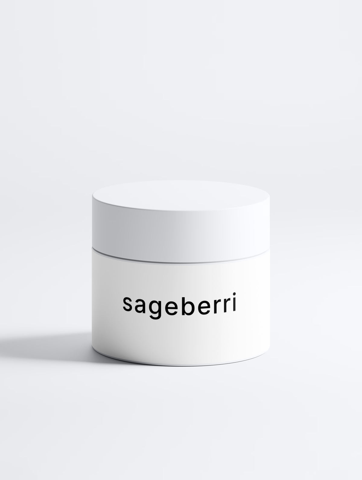 A minimalist white cosmetic jar with a matte lid sits on a pale grey background, displaying the lowercase brand name “sageberri” in black sans-serif lettering.