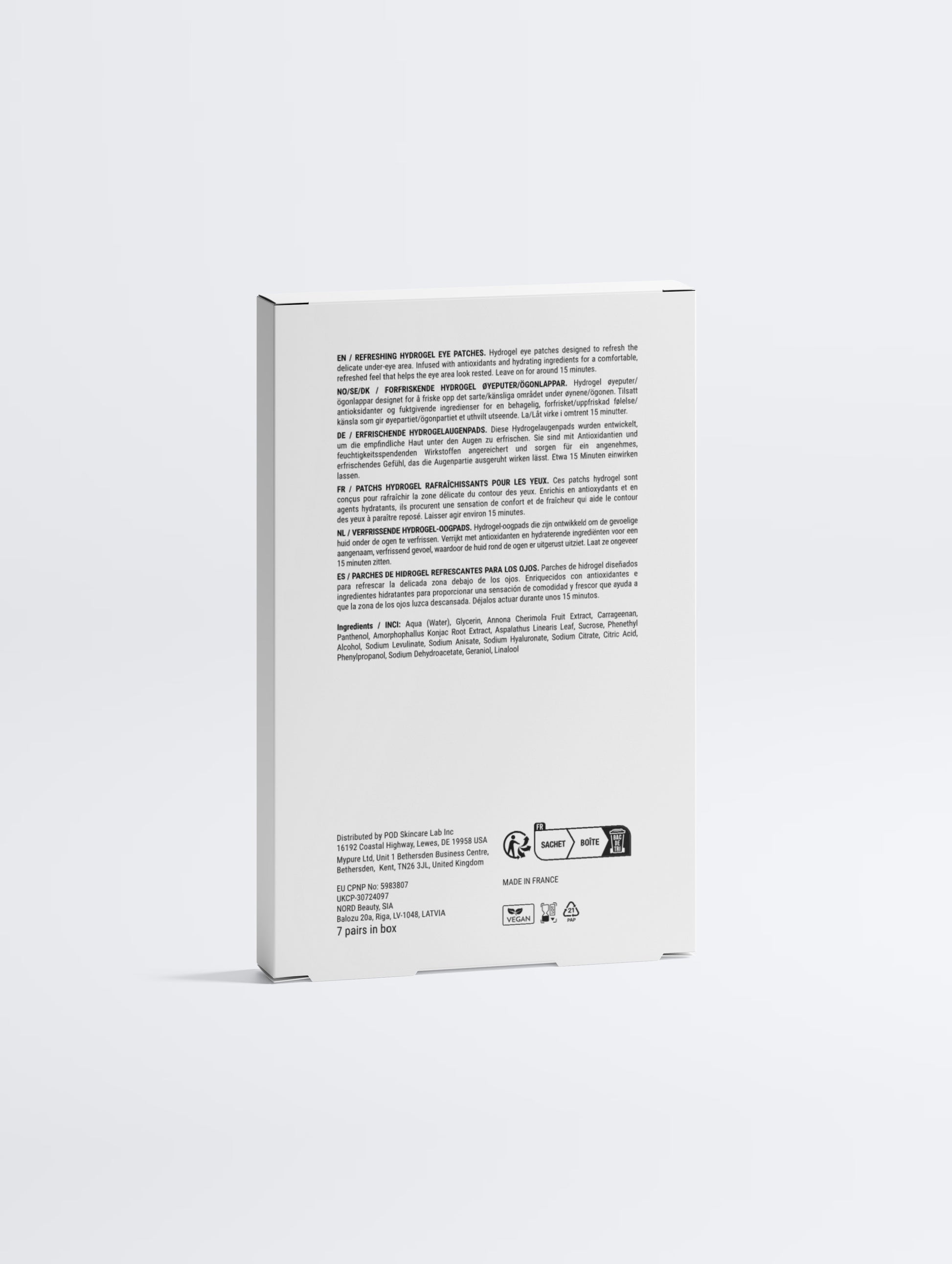 The back of box which has black script on white background