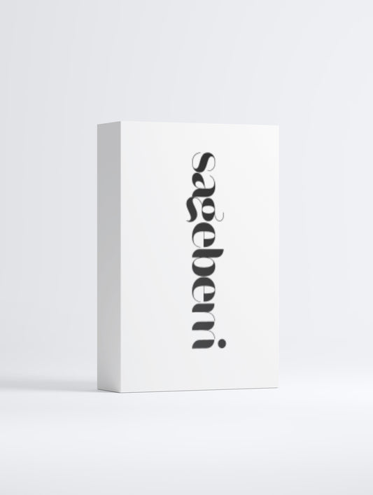 A minimalist white rectangular box standing upright on a light gray studio background, featuring the word 'saeberi' printed vertically in a black gothic-style font on the front.