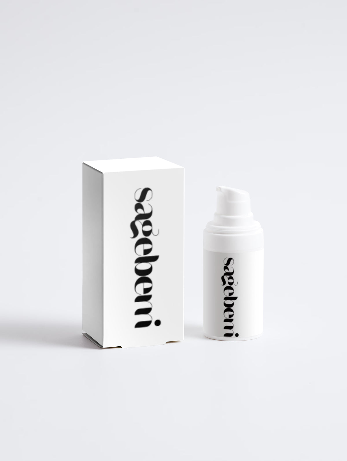 A minimalist white product box and airless pump bottle, both printed with a bold black vertical “sageberri” logotype, set against a soft light-grey studio background.