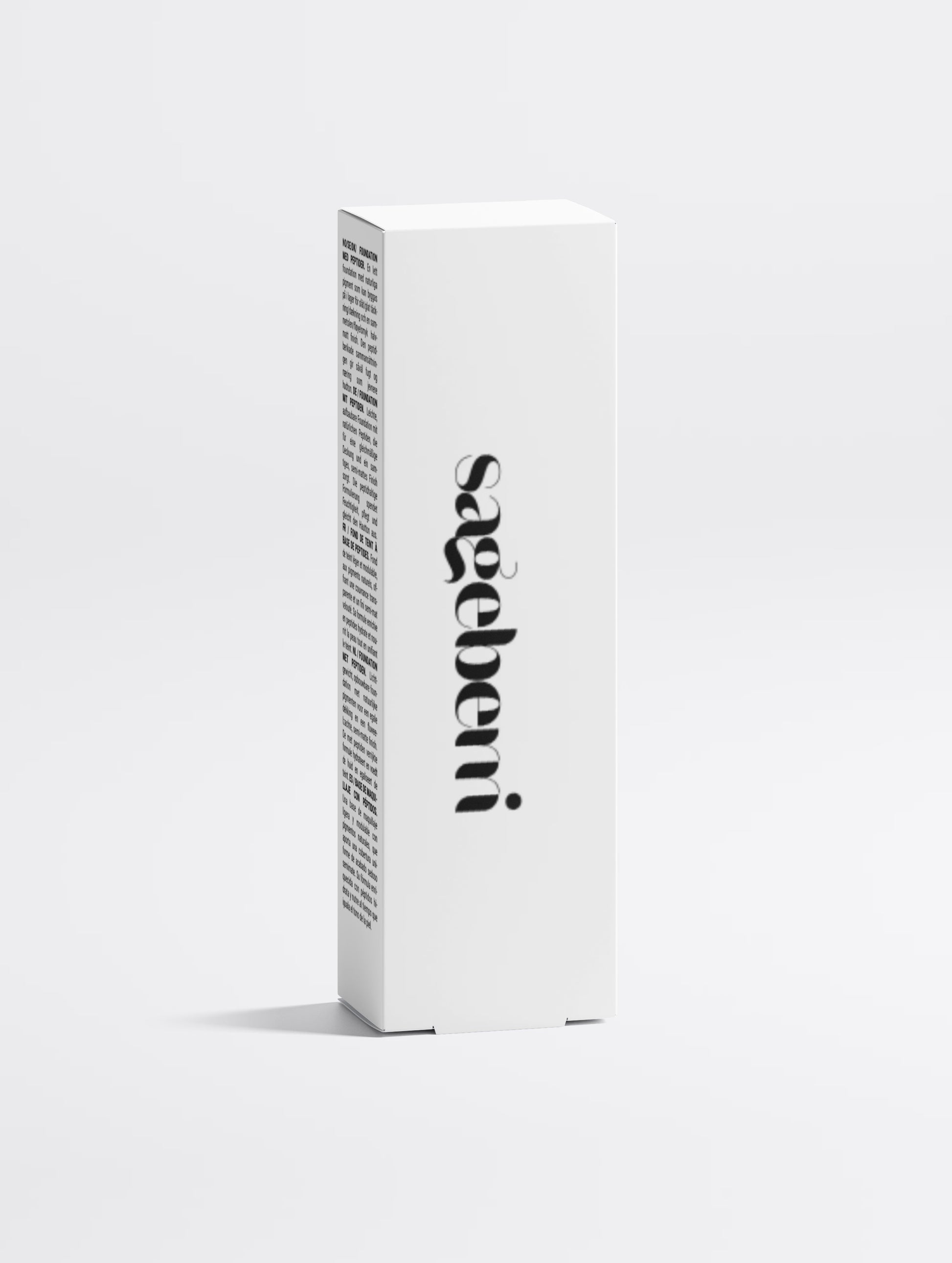 A tall, slender white product box standing upright on a light gray studio background. The front of the box features the brand name 'saeberi' printed vertically in black, with dense small text running down the side panel.