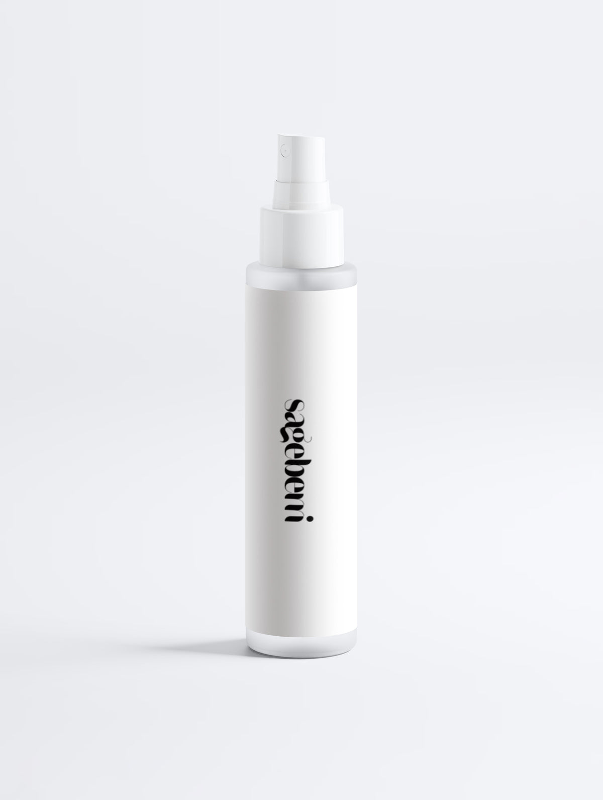 A minimalist white spray bottle with a black vertical brand name 'sageberri' printed on the front, set against a seamless light gray studio background.